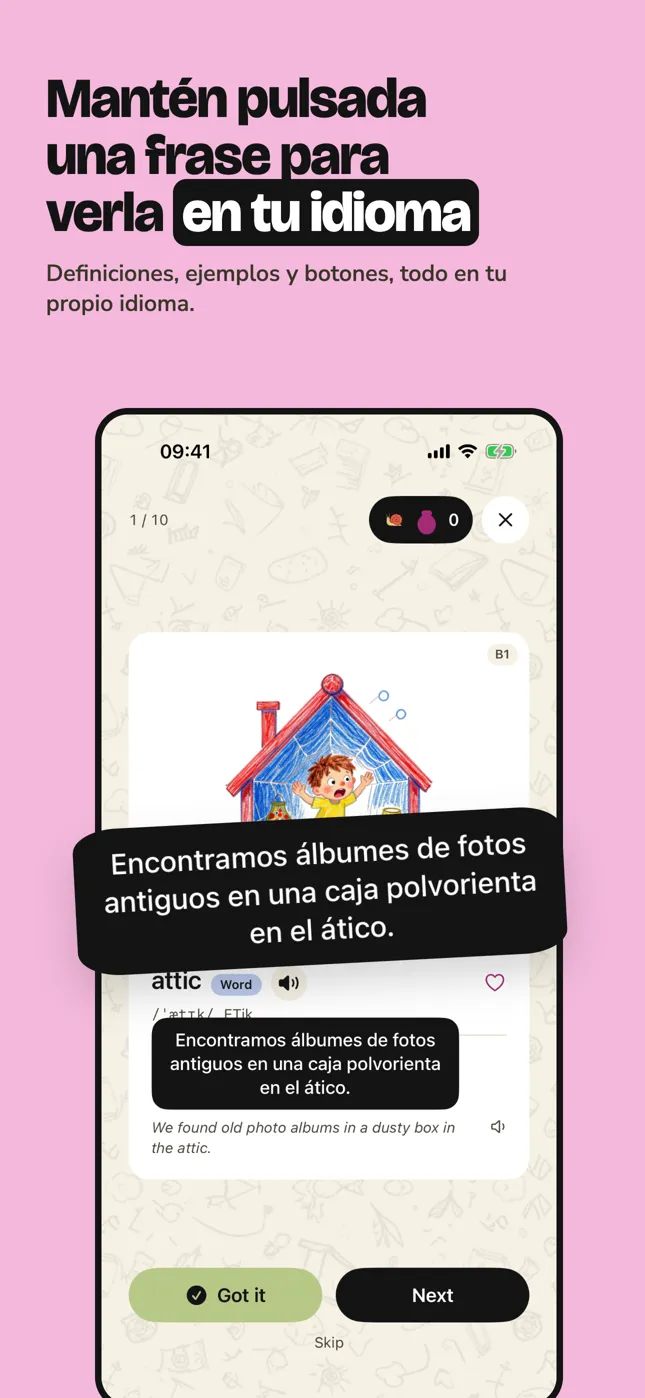 Mantén pulsada una frase para verla en tu idioma