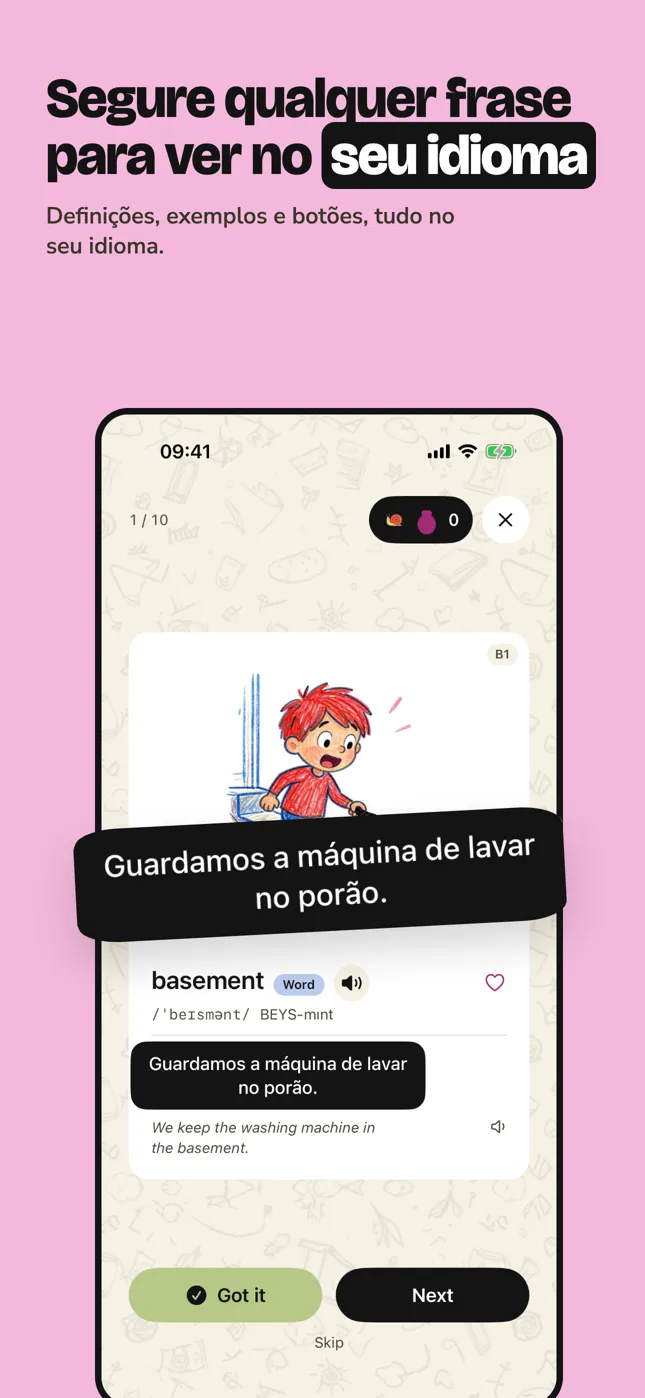 Segure qualquer frase para ver no seu idioma