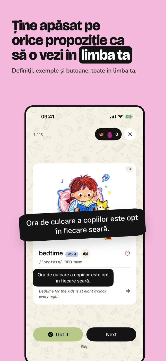 Ține apăsat pe orice propoziție ca să o vezi în limba ta