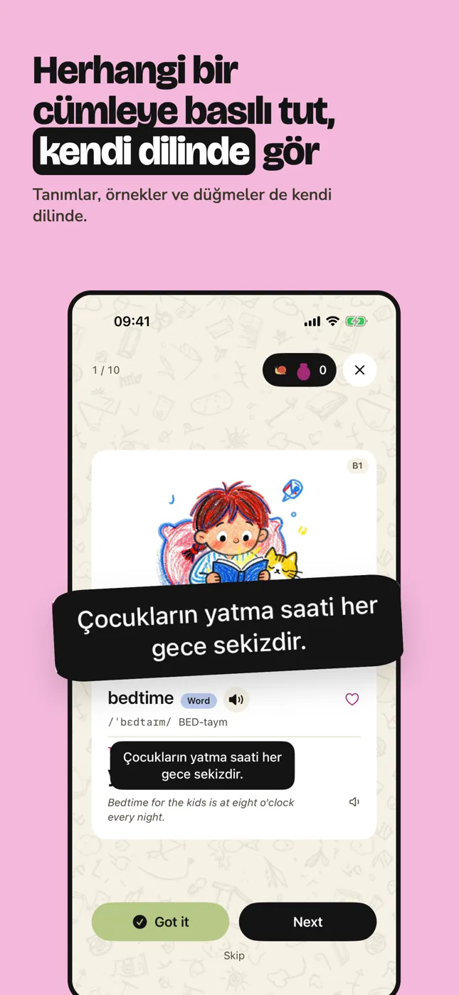 Herhangi bir cümleye basılı tut, kendi dilinde gör