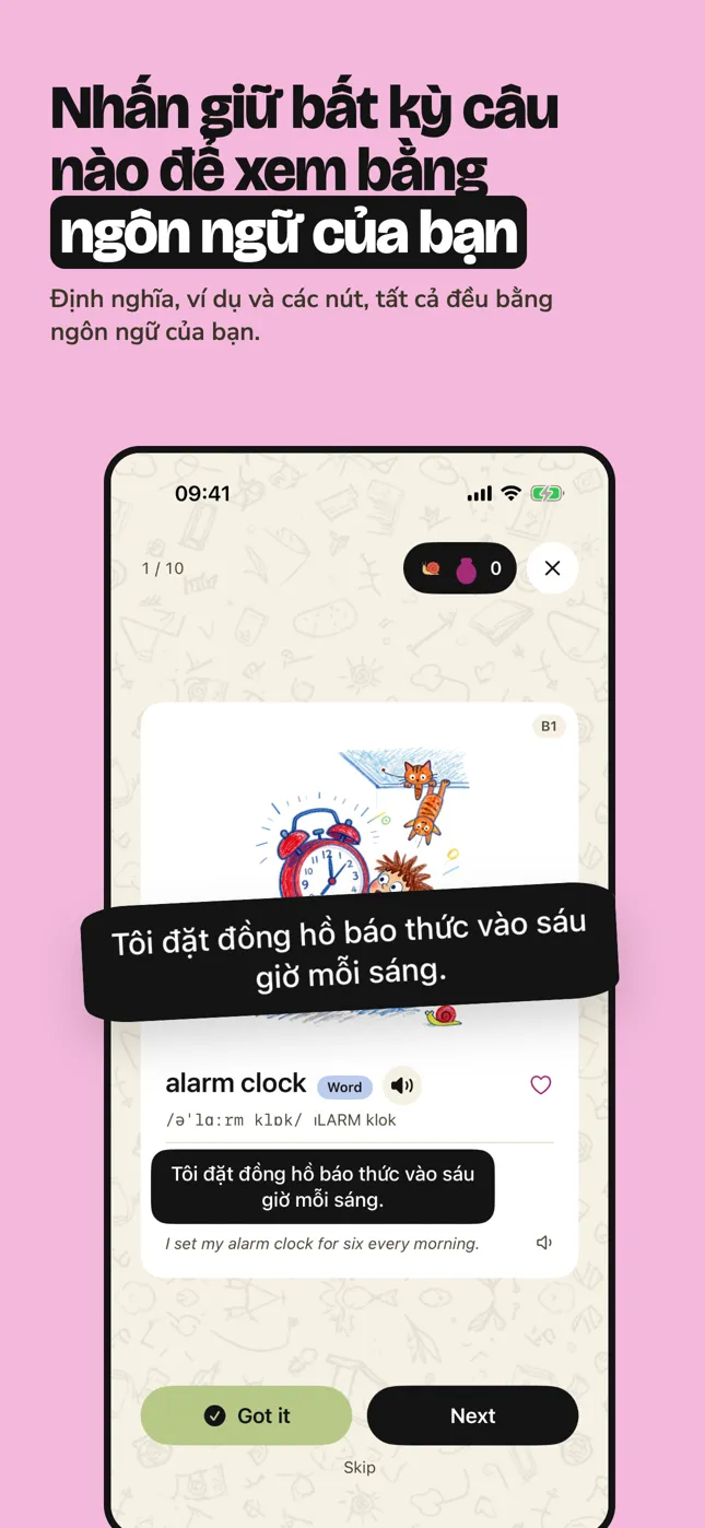 Nhấn giữ bất kỳ câu nào để xem bằng ngôn ngữ của bạn